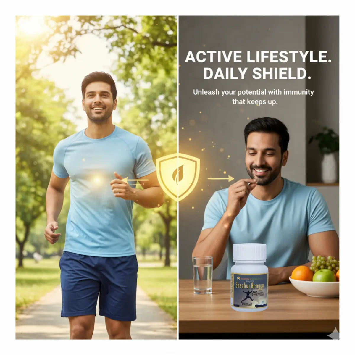 Active lifestyle with Shashvi Arogya Gold – herbal immunity booster tablets for daily protection, stamina, and natural energy support.