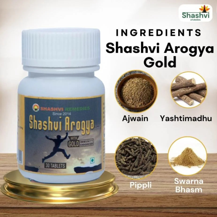 "Shashvi Arogya Gold Vati bottle – Best immunity booster with Ayurvedic ingredients for overall wellness."