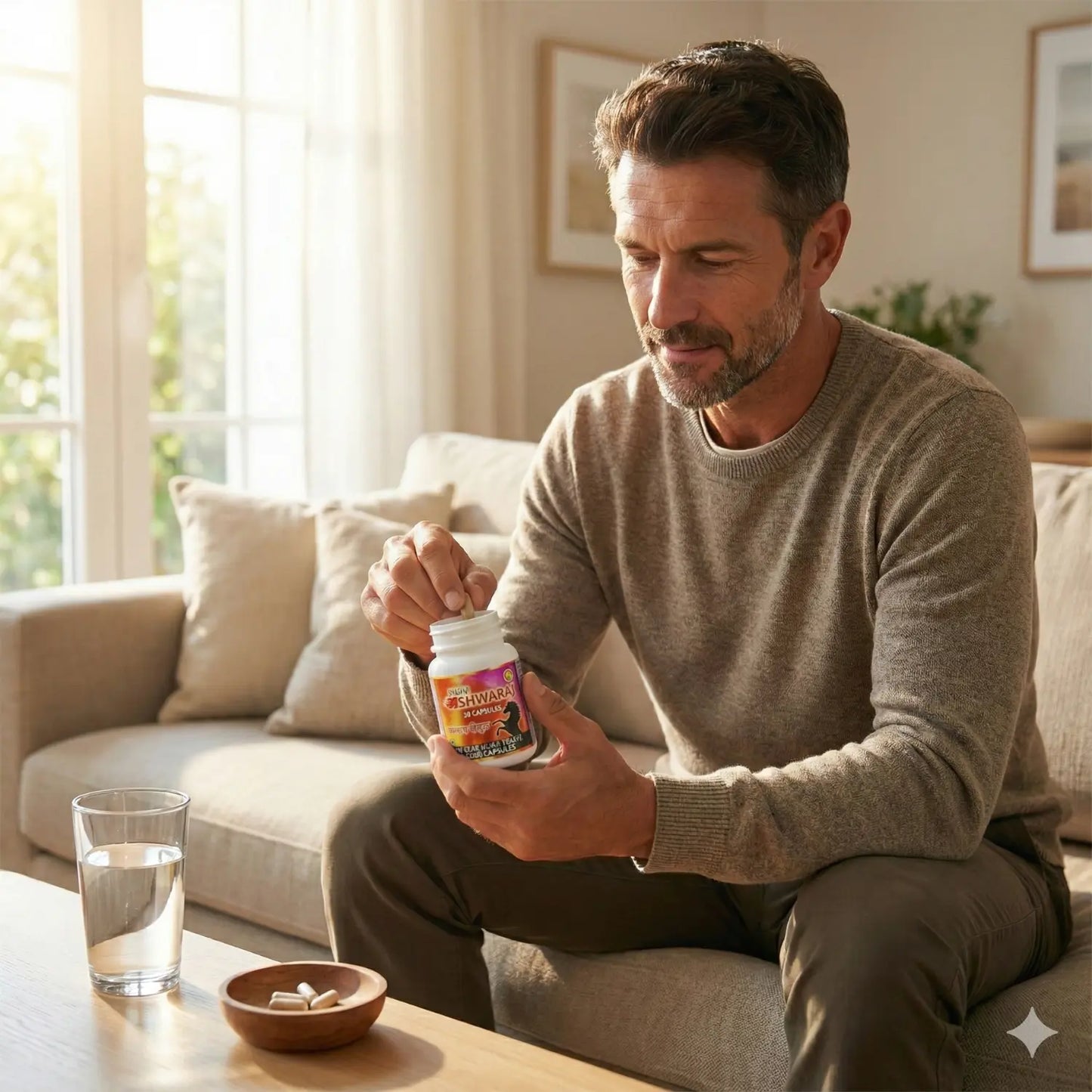 Adult man taking Shashvi Ashwaraj Capsules at home—Ayurvedic support for daily stamina, energy and physical performance