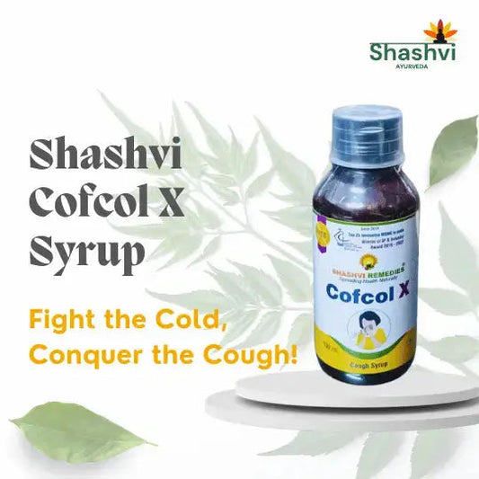 "Close-up of Shashvi Cofol Syrup label showcasing 25+ potent herbal ingredients.