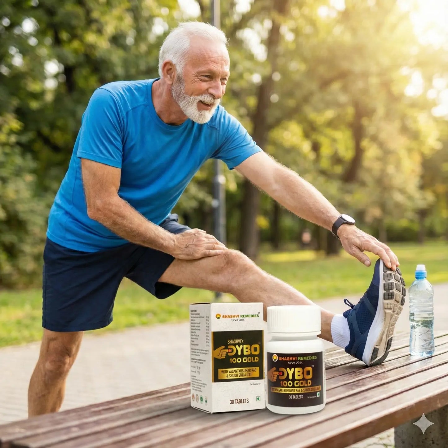 Senior man stretching outdoors with Shashvi DYBO 100 Gold tablets—Ayurvedic support for active lifestyle and daily energy