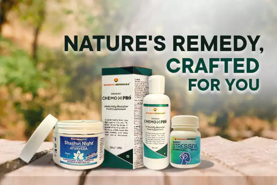 Shashvi Ayurveda Immunity Booster, Stressnil, and Night Ointment products.