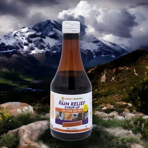 Shashvi Pain Relief Syrup – Ayurvedic sugar-free formula for joint, muscle, and body pain relief with guggal, suranjan, and herbal ingredients.