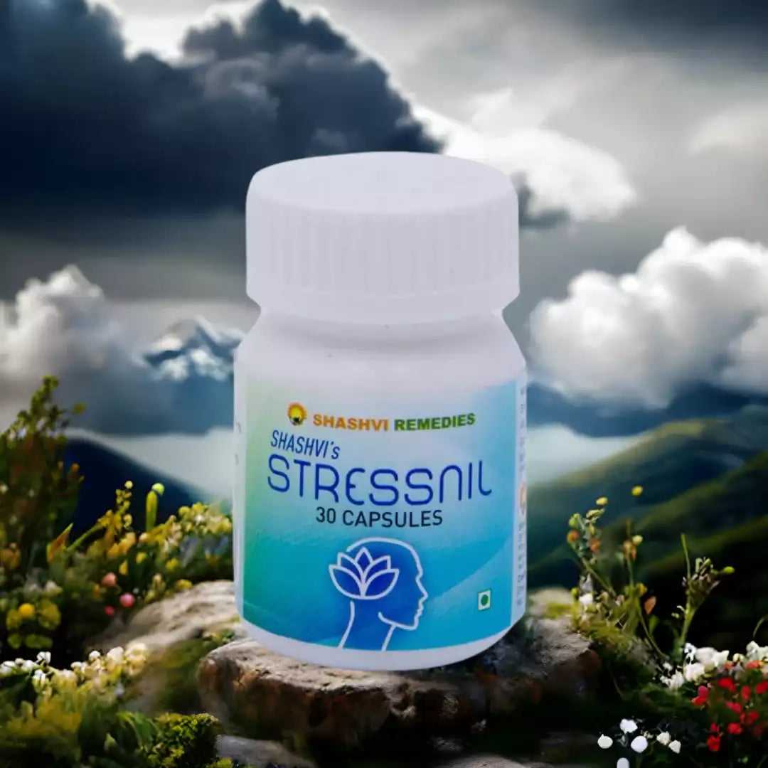 Shashvi Stressnil Capsule packaging highlighting its vegan, gluten-free, and no artificial ingredients properties.