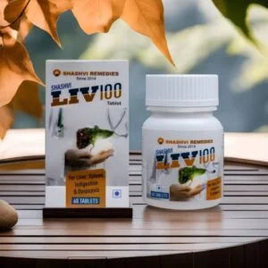 Shashvi Liv 100 tablets pack featuring a powerful 19-herb blend for liver health and digestion support