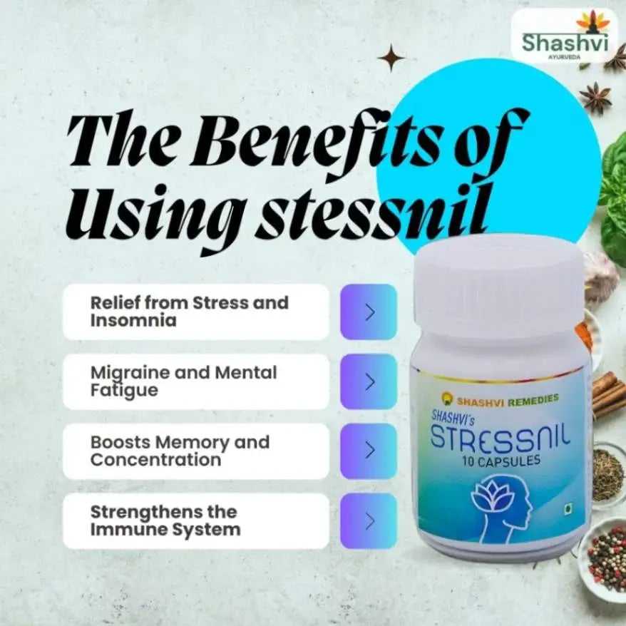 "Best Ayurvedic supplement for stress, anxiety, migraines, and insomnia – Shashvi Stressnil Capsules."