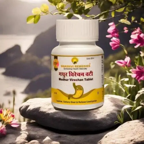 Shashvi Madhur Virechan Vati herbal tablets in a green package, formulated for digestive wellness and constipation relief