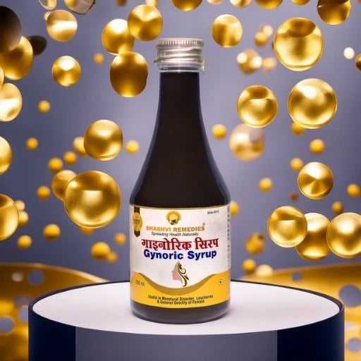 Shahsvi Gynoric Syrup bottle is a herbal remedy for women's menstrual health with key ingredients like Ashoka, Lodhra, and Shivlingi.