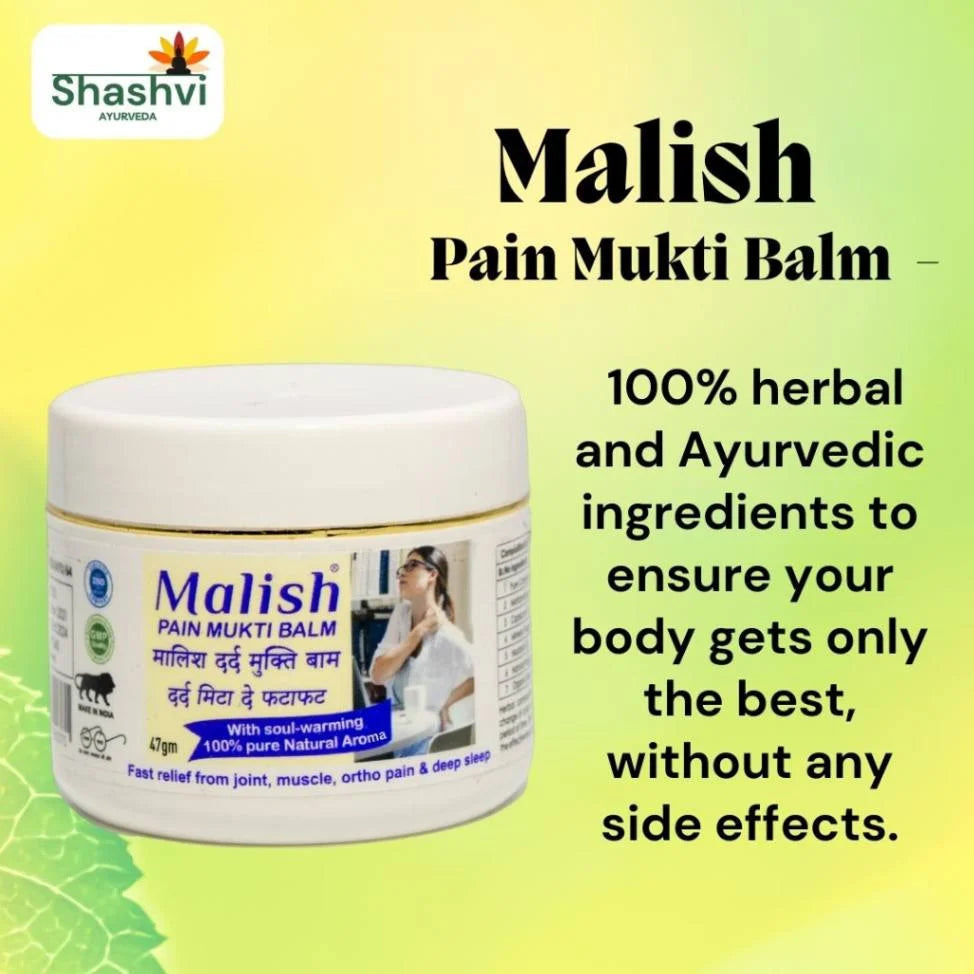 "Shashvi Malish Pain Mukti Balm – All-natural, fast-absorbing balm with beeswax and herbal oils for effective relief from body pain and stiffness."