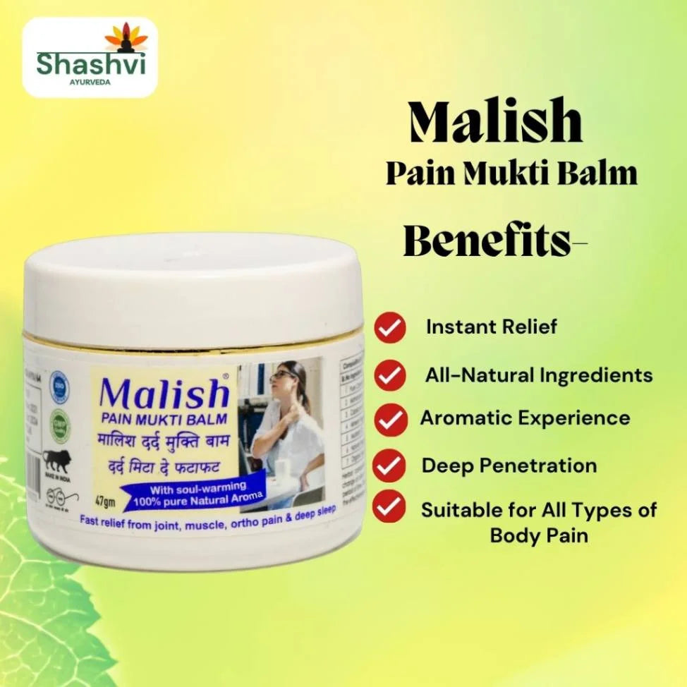 "Shashvi Malish Pain Mukti Balm – Ayurvedic pain relief balm with camphor, herbal oils, and beeswax for fast relief from joint, muscle, and back pain."