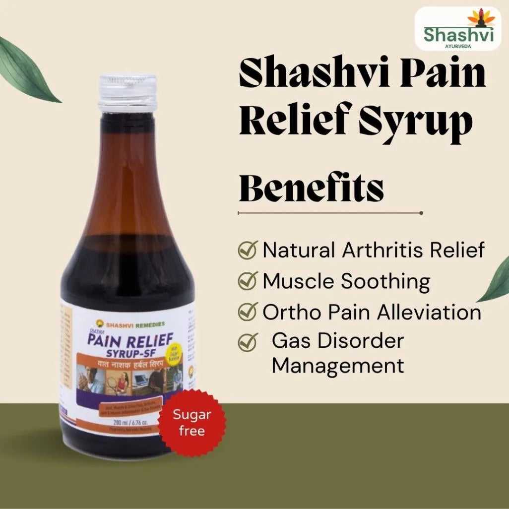 Shashvi Pain Relief Syrup – sugar-free Ayurvedic remedy for orthopedic pain, muscle stiffness, and digestive health support."