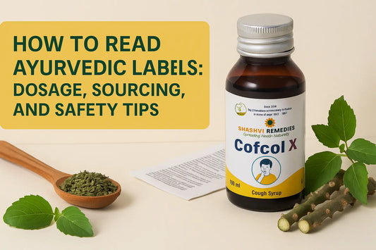 "Cofcol-X Ayurvedic Cough Syrup bottle by Shashvi Remedies with visible product label, placed beside Tulsi leaves, Giloy stem, ginger slices, and lemon halves on a natural background with wellness banner text."