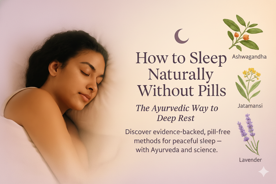 Ayurvedic sleep blog banner showing a calm woman sleeping beside herbs like Ashwagandha and Lavender, representing natural, pill-free rest with Shashvi Ayurveda products