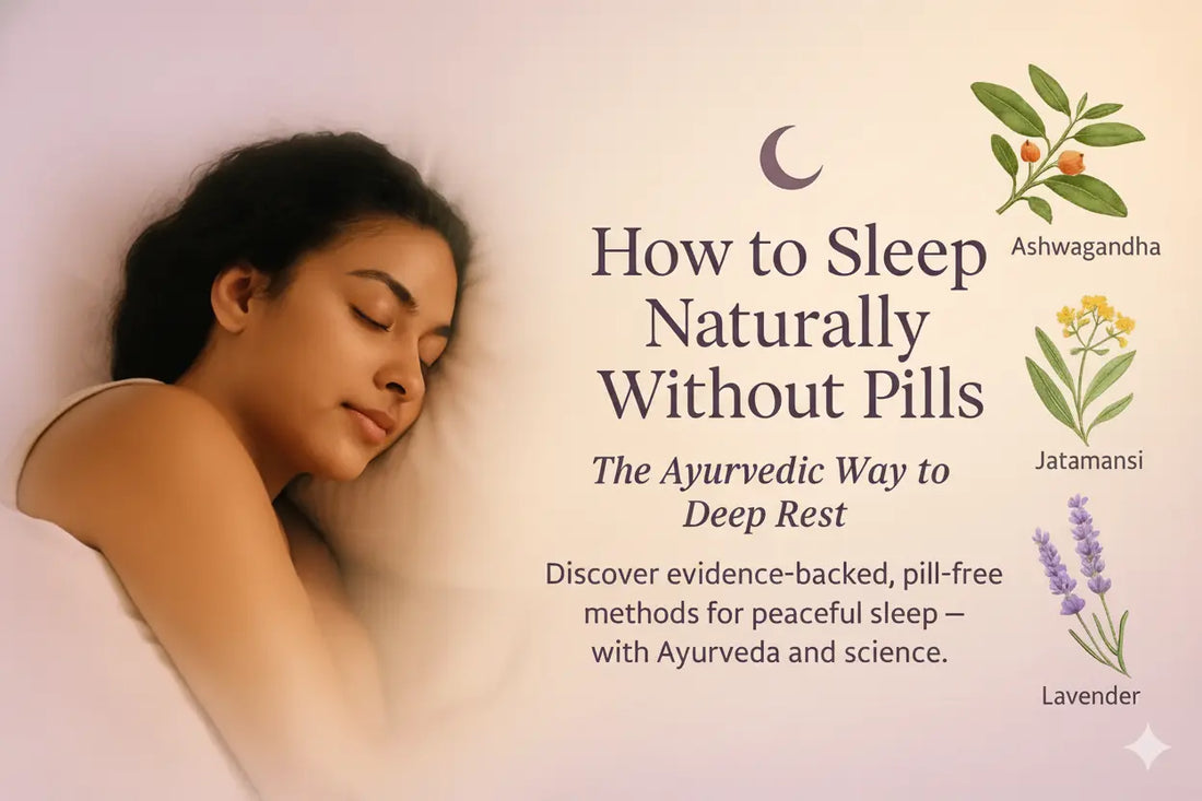 Ayurvedic sleep blog banner showing a calm woman sleeping beside herbs like Ashwagandha and Lavender, representing natural, pill-free rest with Shashvi Ayurveda products
