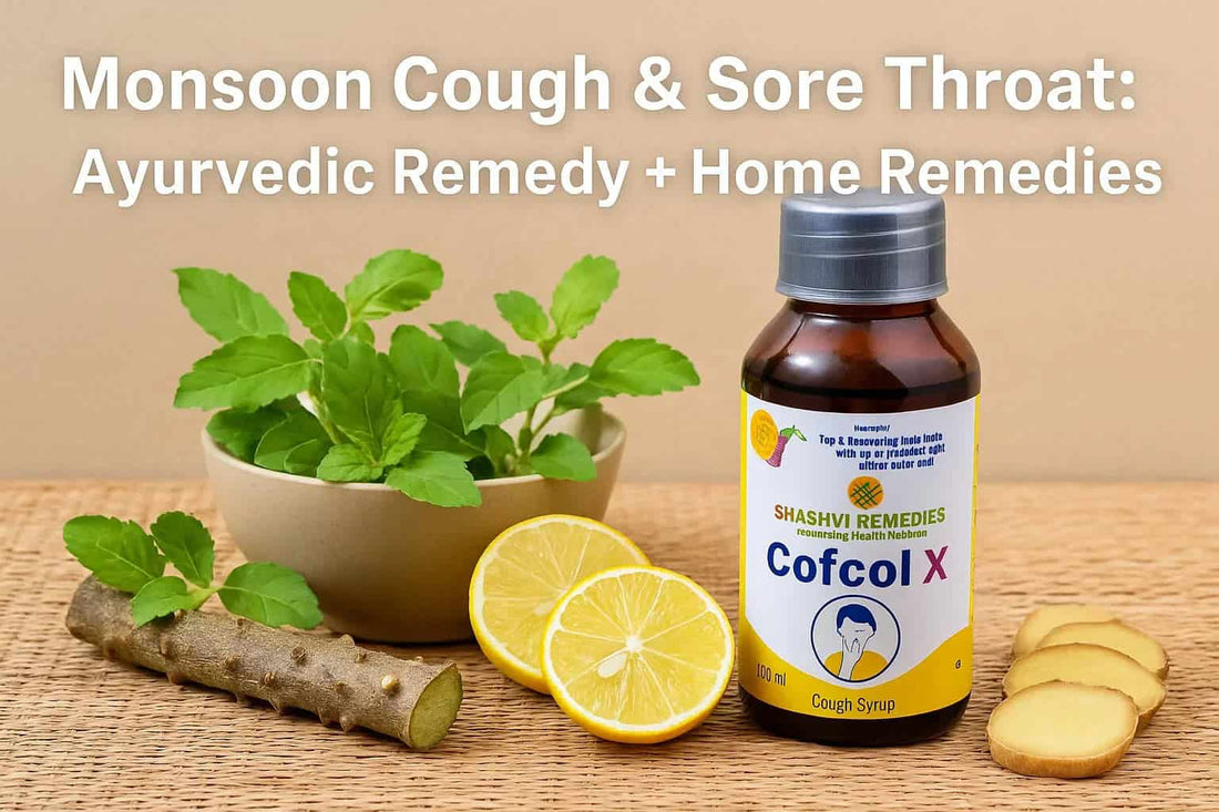 "Cofcol-X Ayurvedic cough syrup with Tulsi, Giloy, Mulethi, ginger, and lemon displayed on a natural background – gentle herbal remedy for monsoon cough and sore throat."