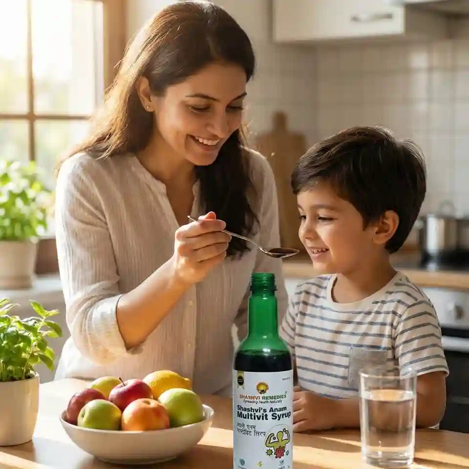 Woman feeding a child with a spoon in a kitchen, surrounded by fruits and a bottle of syrup.