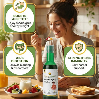 Woman enjoying a meal with a bottle of Shweta Remedies Aptift Syrup on a table.