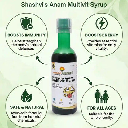 Shashvi's Anam Multivit Syrup bottle with health benefits on a green background