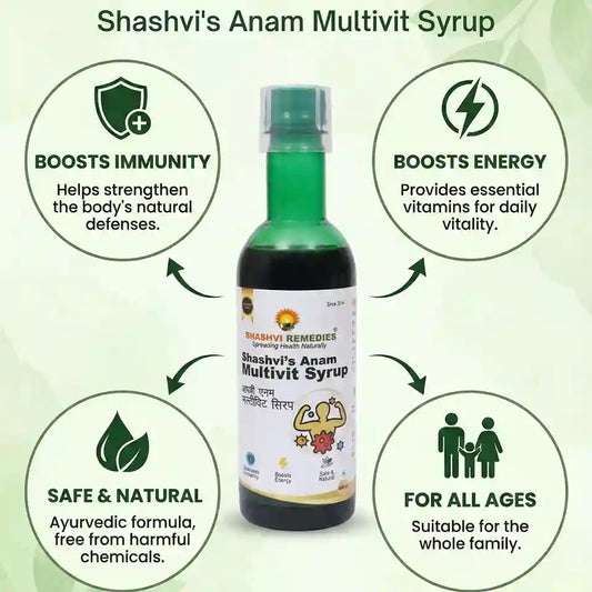 Shashvi's Anam Multivit Syrup bottle with health benefits on a green background