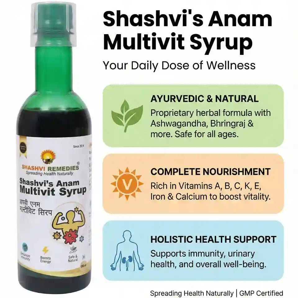 Shashvi's Anam Multivit Syrup bottle with product details on a white background