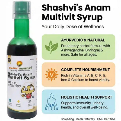 Shashvi's Anam Multivit Syrup bottle with product details on a white background