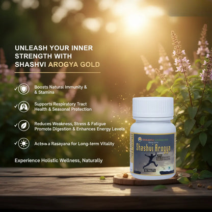 Shashvi Arogya Gold benefits – Ayurvedic immunity enhancer tablets with gold, supports respiratory health, reduces stress & fatigue, improves digestion, and promotes vitality.