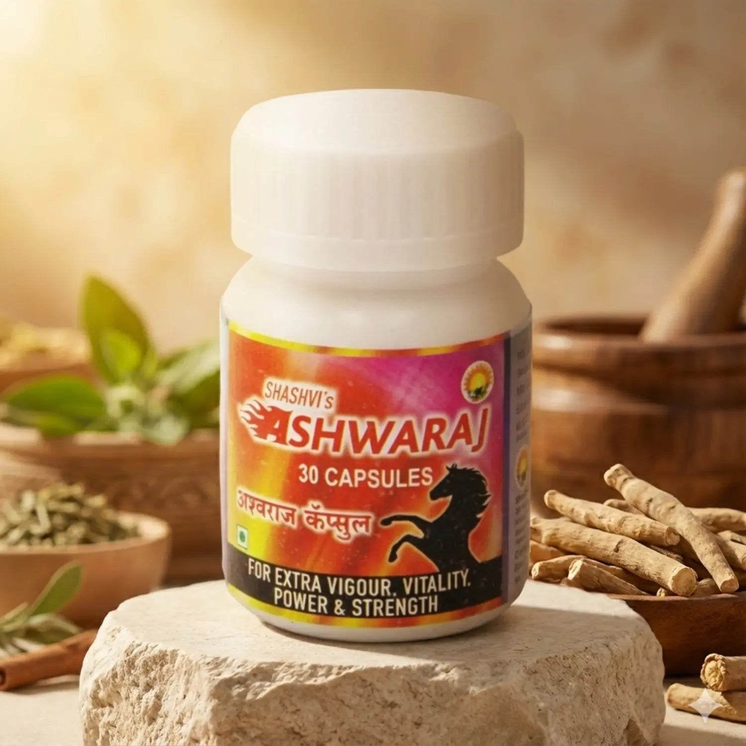 Shashvi Ashwaraj Capsules bottle with Ayurvedic herbs—a natural supplement for vigour, vitality, strength and daily energy support