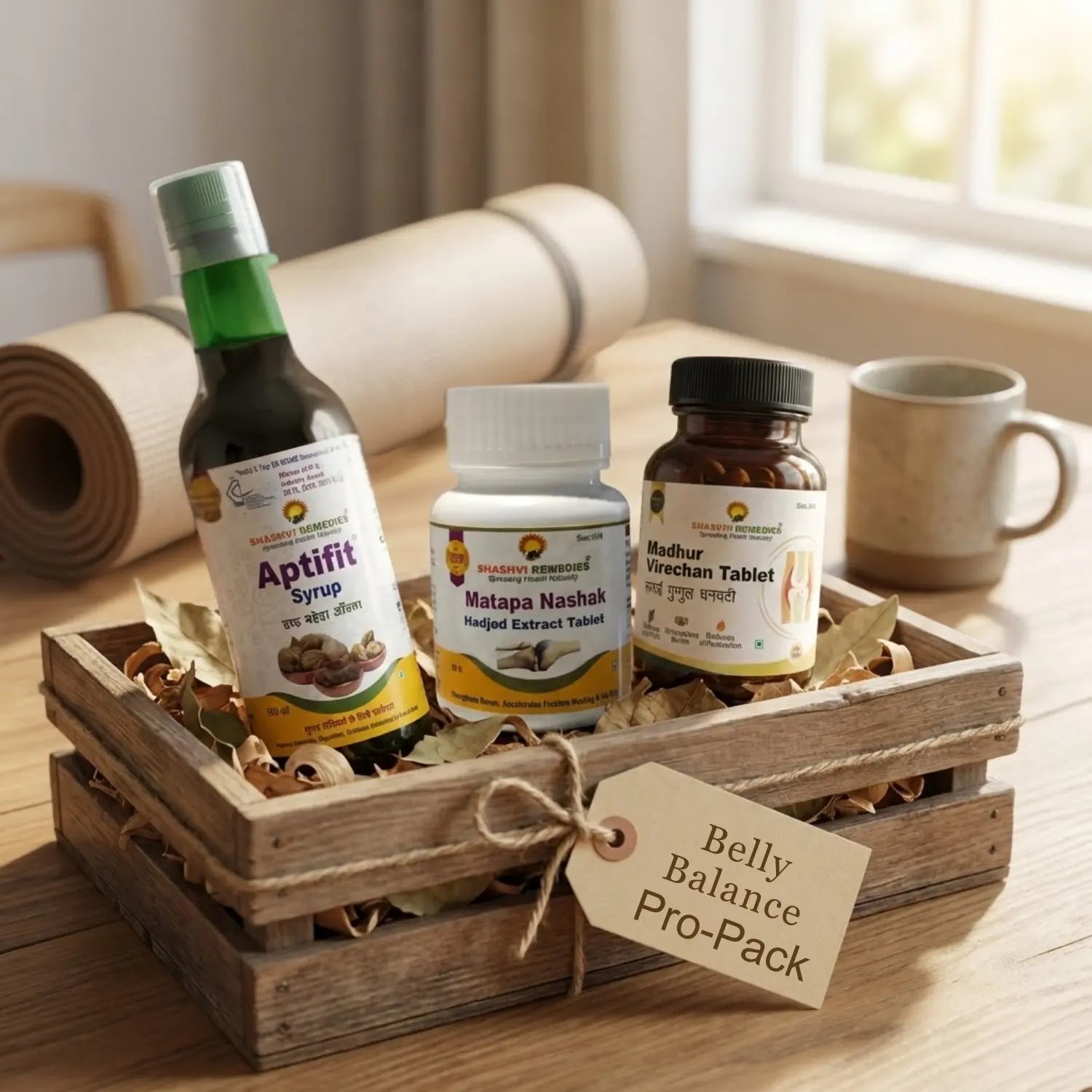 Three bottles of Ayurvedic medicine in a wooden tray with a tag labeled 'Belly Balance Pro-Pack' on a wooden surface.
