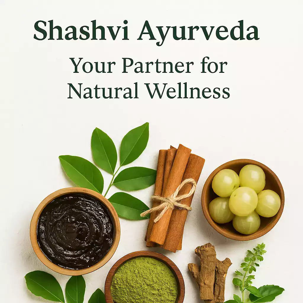 Promotional image for Shashvi Ayurveda with natural ingredients on a white background