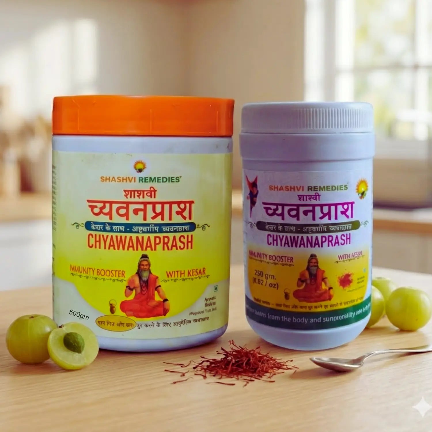 Shashvi Chyawanprash jars in two sizes with amla and kesar on wooden table – Ayurvedic immunity booster