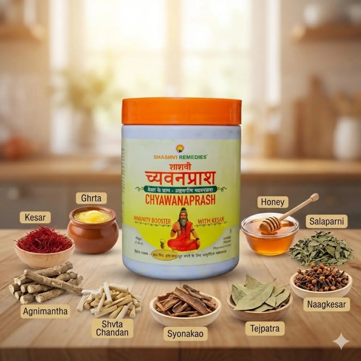 Shashvi Chyawanprash with natural ingredients like kesar, ghee, honey, salaparni, agnimantha and ayurvedic herbs