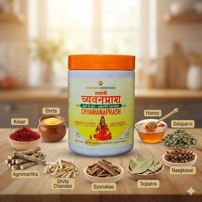 Shashvi Chyawanprash with natural ingredients like kesar, ghee, honey, salaparni, agnimantha and ayurvedic herbs
