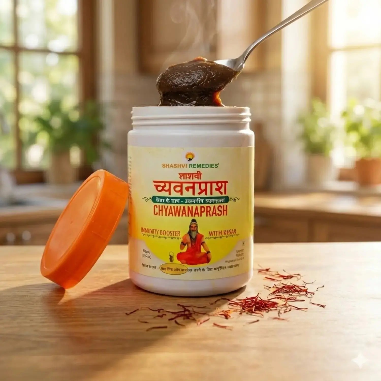 Open jar of Shashvi Chyawanprash with spoonful and kesar strands – traditional ayurvedic formulation