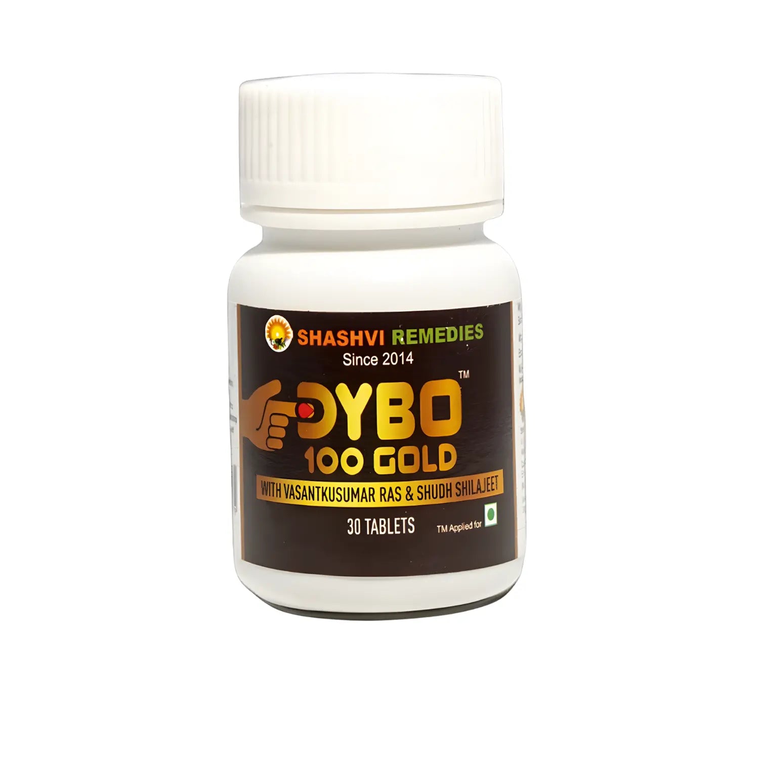Shashvi DYBO 100 Gold tablets box and bottle displayed on wooden table – Ayurvedic wellness supplement