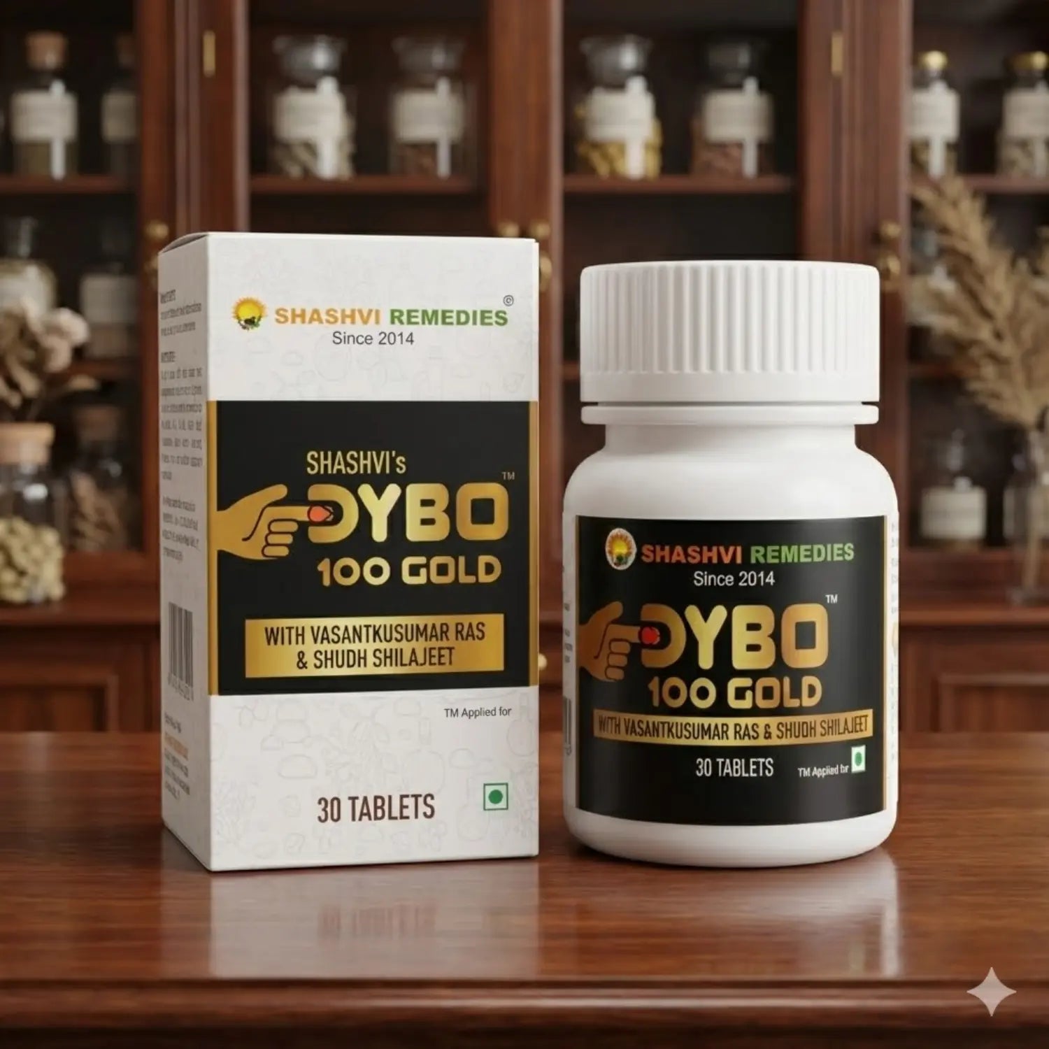 Shashvi DYBO 100 Gold tablets bottle – Ayurvedic supplement with Vasantkusumar Ras and Shuddh Shilajeet