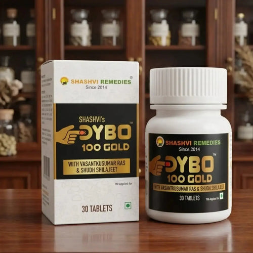 Shashvi DYBO 100 Gold tablets bottle – Ayurvedic supplement with Vasantkusumar Ras and Shuddh Shilajeet