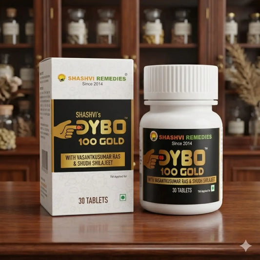Shashvi DYBO 100 Gold tablets bottle – Ayurvedic supplement with Vasantkusumar Ras and Shuddh Shilajeet