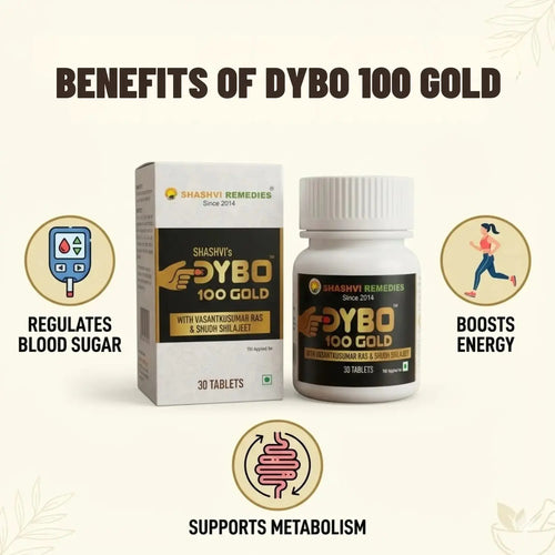 Benefits of DYBO 100 Gold infographic showing energy support, metabolism support and blood sugar balance