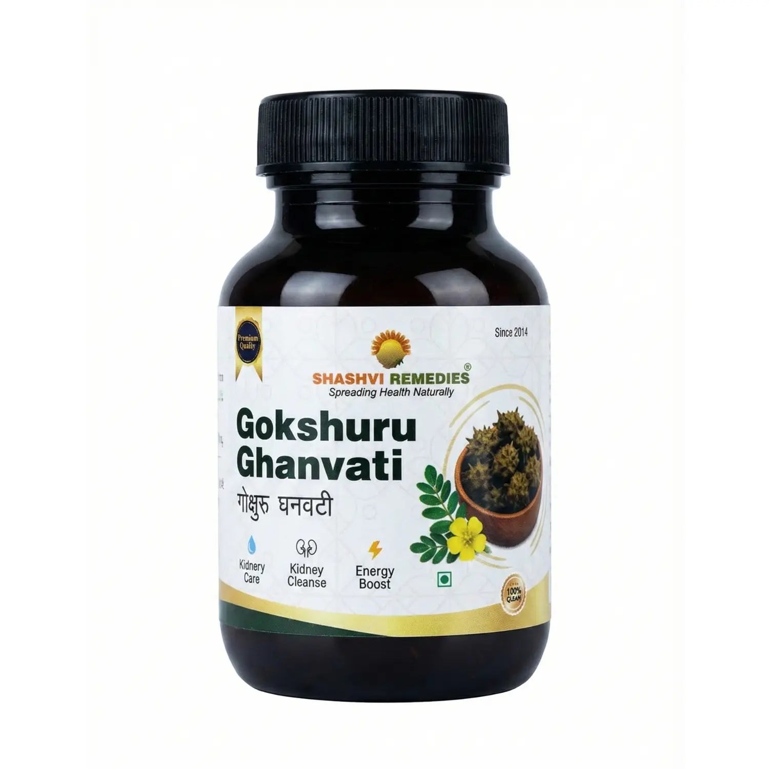 Bottle of Gokshuru Ghanvati with Shashvi Remedies label on a white background