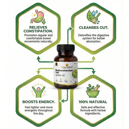 Bottle of Madhurvirechhan Vati with hexagonal icons and text highlighting its benefits on a white background.