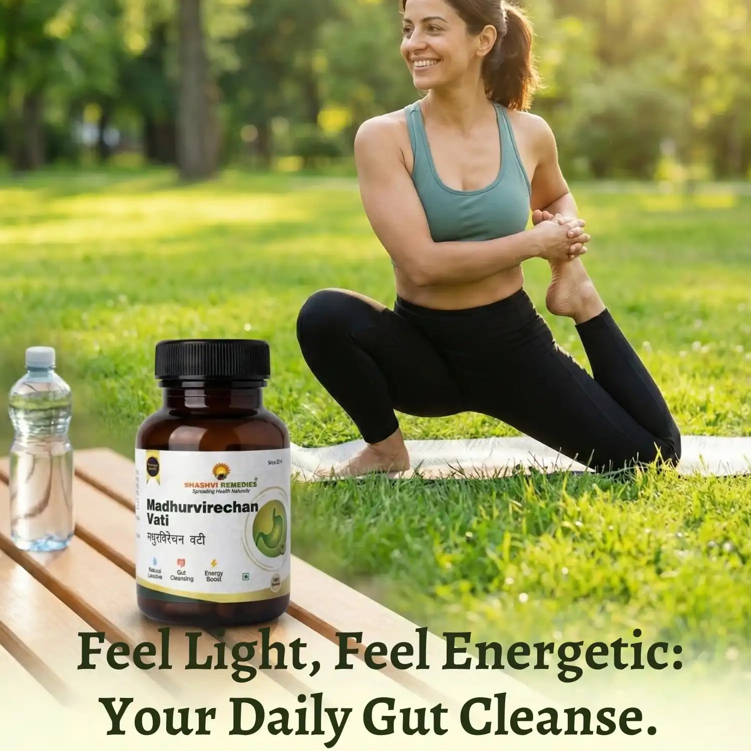 Woman stretching outdoors with a bottle of 'Shashvi Madhur Virechan Vati' supplement and water on a wooden bench.