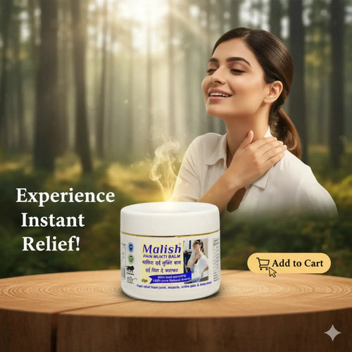 Woman applying balm with a jar of Malish Pain Multi-Balm on a wooden surface in a forest setting.