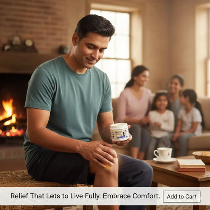 Man applying Shashvi Malish Pain Mukti Balm on knee at home—Ayurvedic balm for muscle and joint comfort