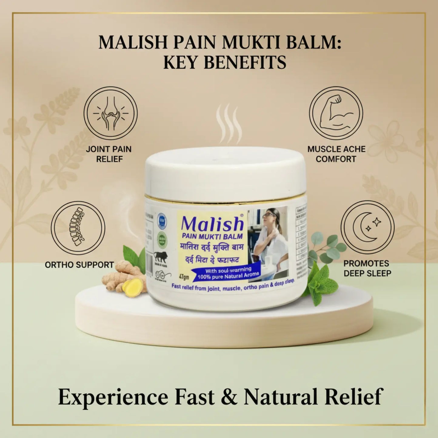 Malish Pain Mukti Balm benefits infographic showing joint comfort, muscle relaxation, ortho support and deep sleep support