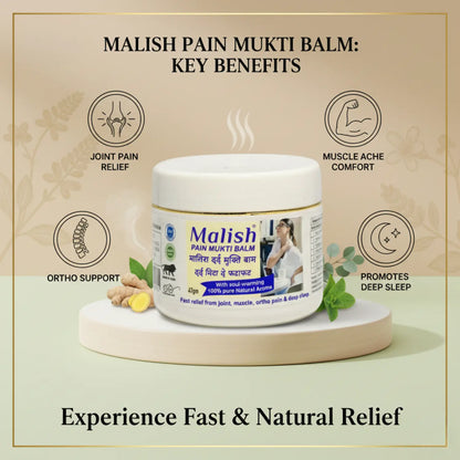 Malish Pain Mukti Balm benefits infographic showing joint comfort, muscle relaxation, ortho support and deep sleep support