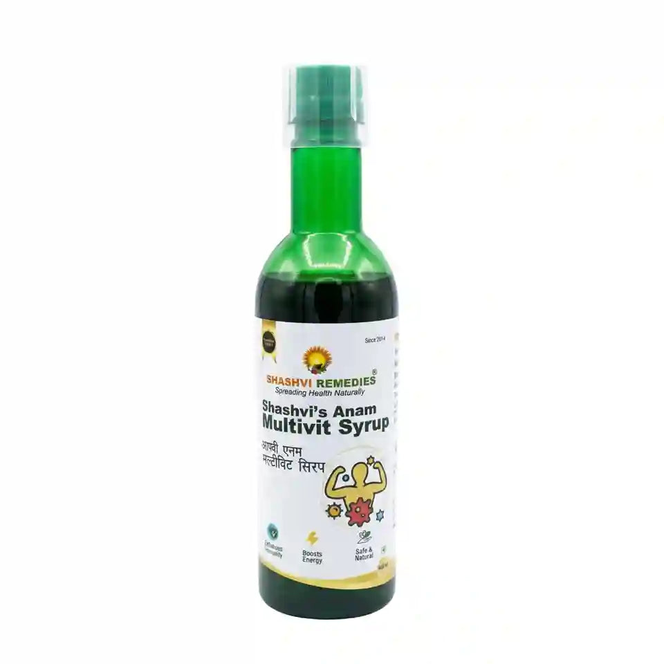 Bottle of Shashvi's Anam Multivit Syrup on a white background