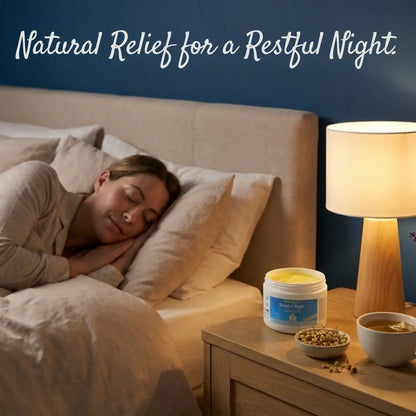 Woman sleeping peacefully with Shashvi Night Ayurvedic ointment beside bed – natural support for restful sleep and nighttime relaxation