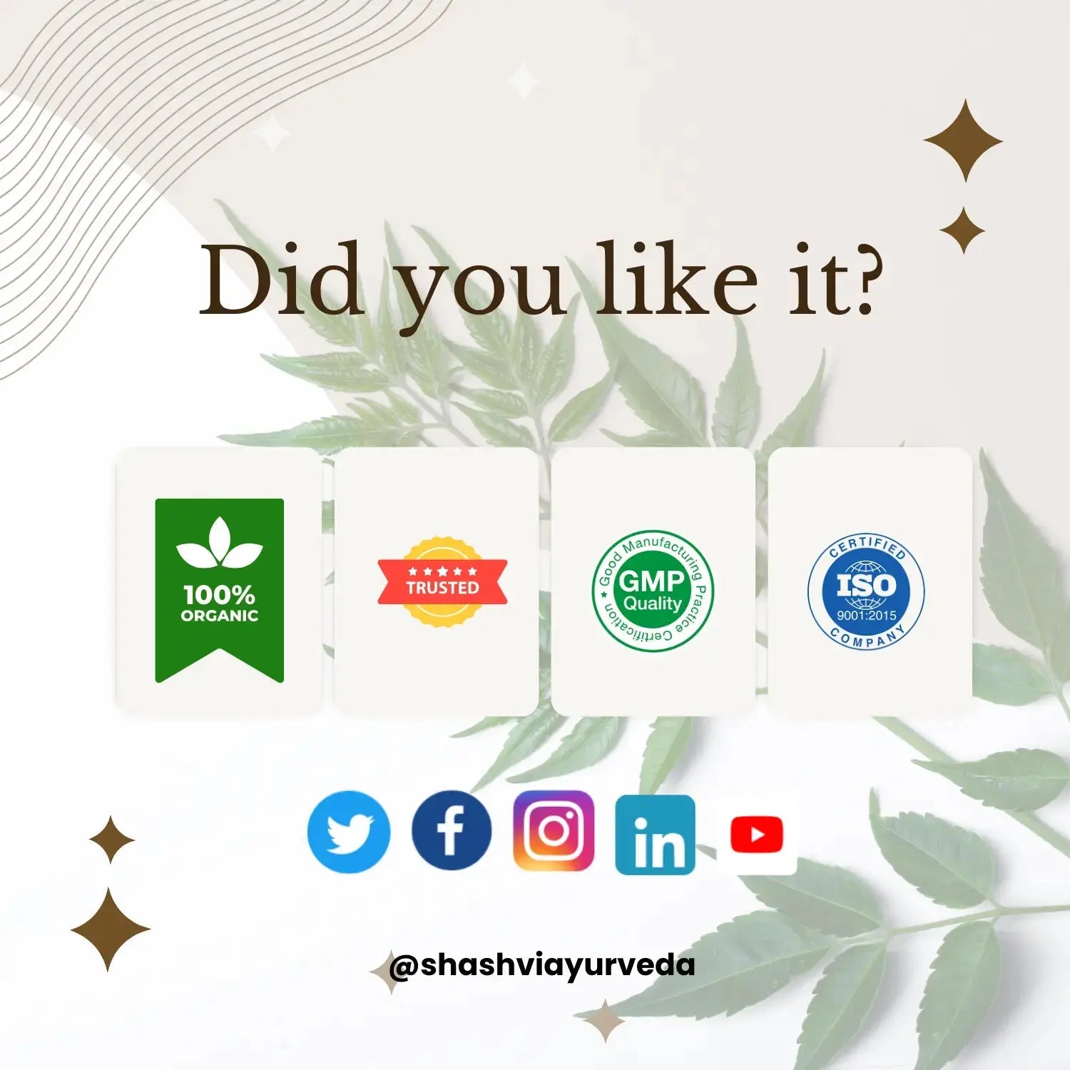 Product packaging with certification logos and social media icons on a white background with green leaves.