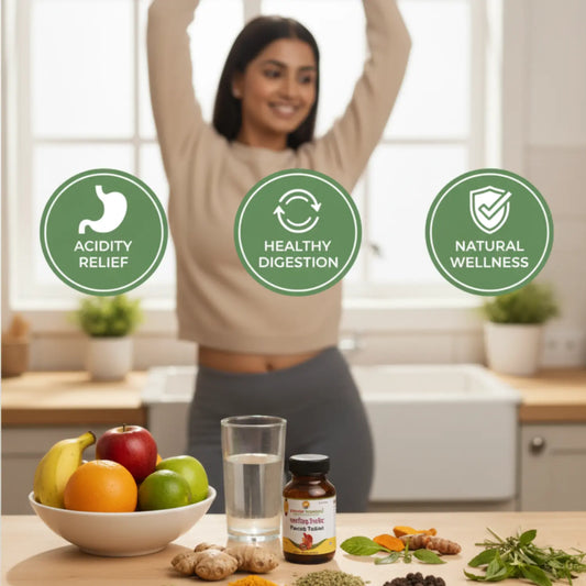 Natural Ayurvedic ingredients in Shashvi Parcid Tablets that help reduce acid reflux, bloating, and indigestion.