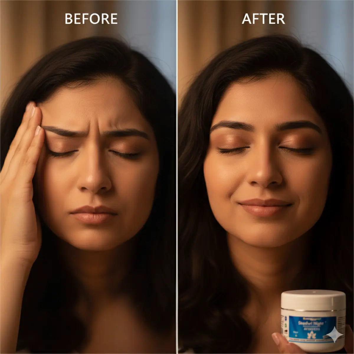 "Before and after using Shashvi Night Ointment – natural Ayurvedic remedy for headache, stress relief, and better sleep"